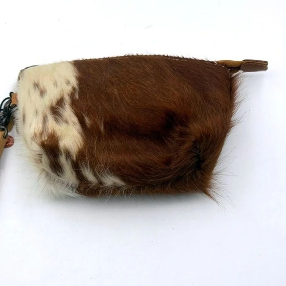 American Darling Leather Cowhide Wristlet Clutch Brown White Hair-on-Hide Bag